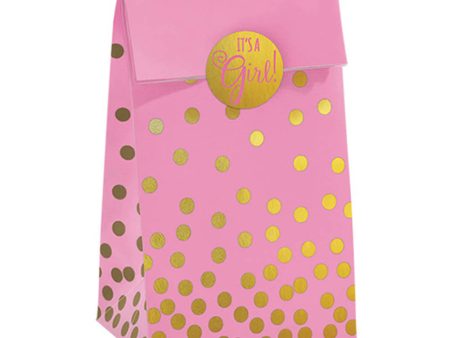 Its  A Girl Pink Foil Stamped Paper Bags With Stickers 20pcs Online Sale